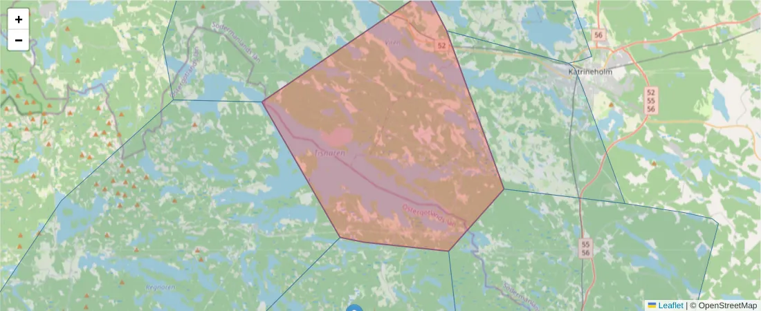 Karta över postnummerområdet  och angränsande postnummer i Sverige
