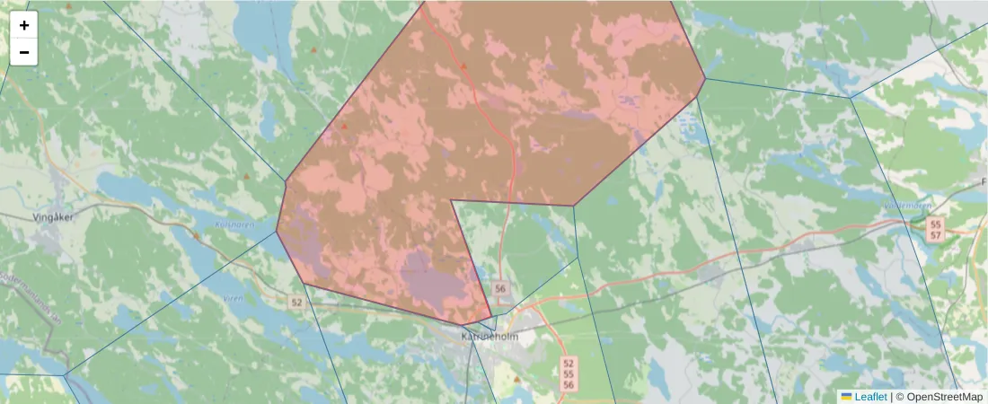 Karta över postnummerområdet  och angränsande postnummer i Sverige