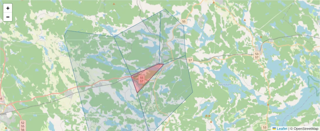 Karta över postnummerområdet  och angränsande postnummer i Sverige