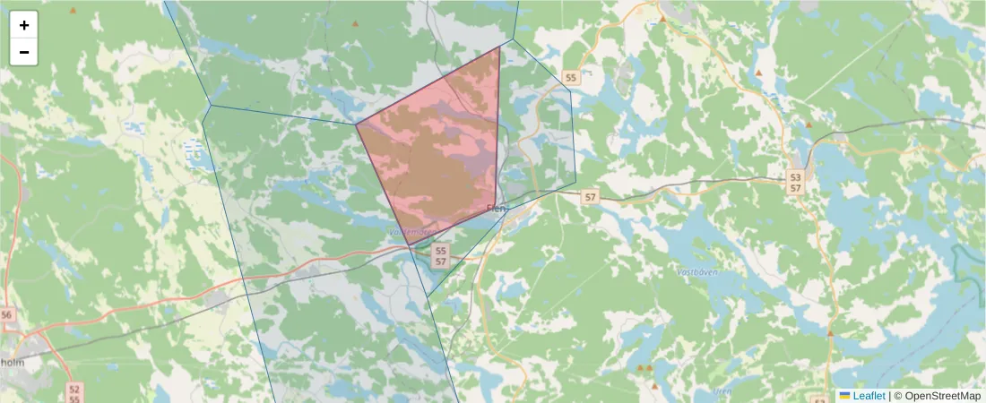 Karta över postnummerområdet  och angränsande postnummer i Sverige
