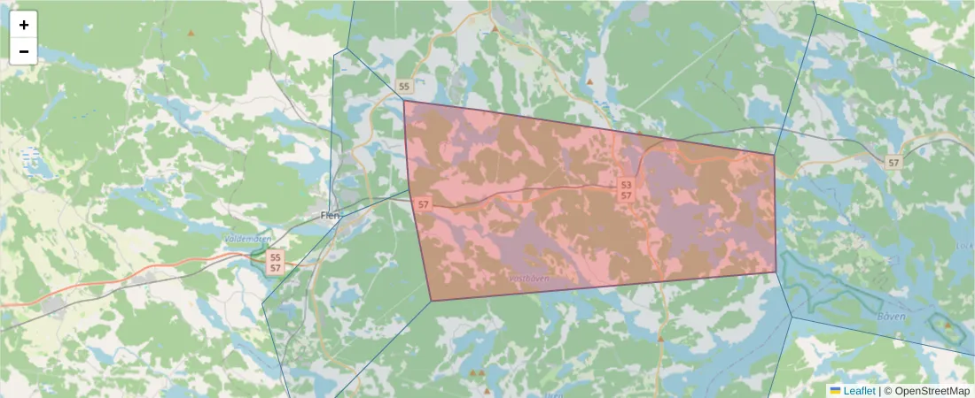 Karta över postnummerområdet  och angränsande postnummer i Sverige