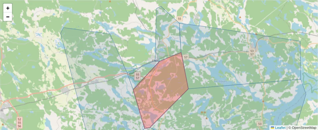 Karta över postnummerområdet  och angränsande postnummer i Sverige