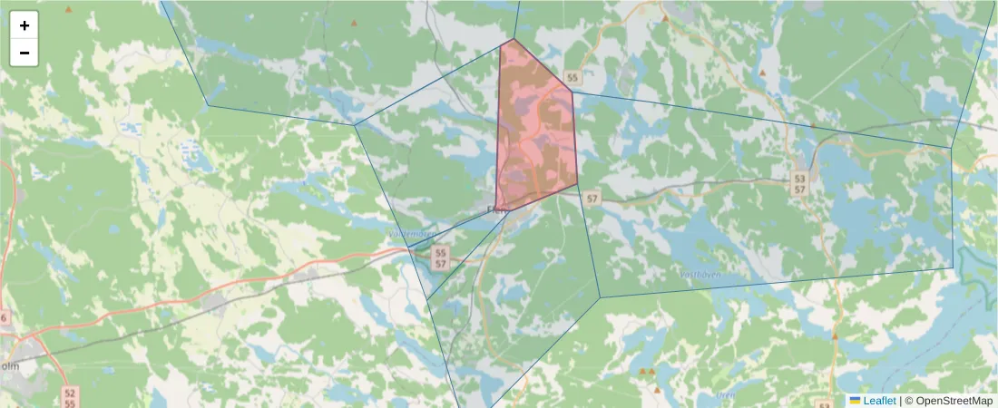 Karta över postnummerområdet  och angränsande postnummer i Sverige