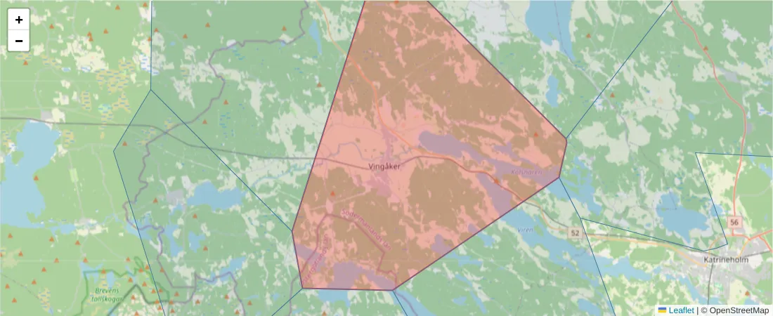 Karta över postnummerområdet  och angränsande postnummer i Sverige