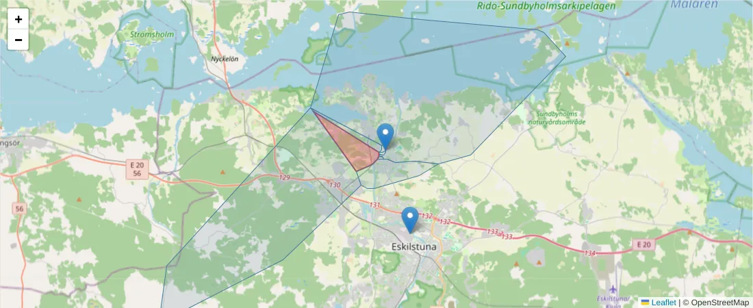 Karta över postnummerområdet  och angränsande postnummer i Sverige