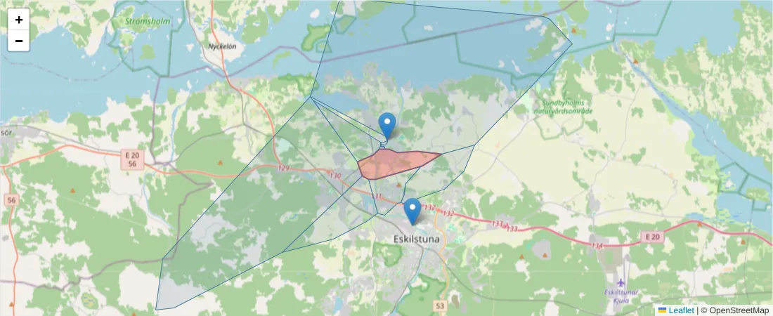 Karta över postnummerområdet  och angränsande postnummer i Sverige
