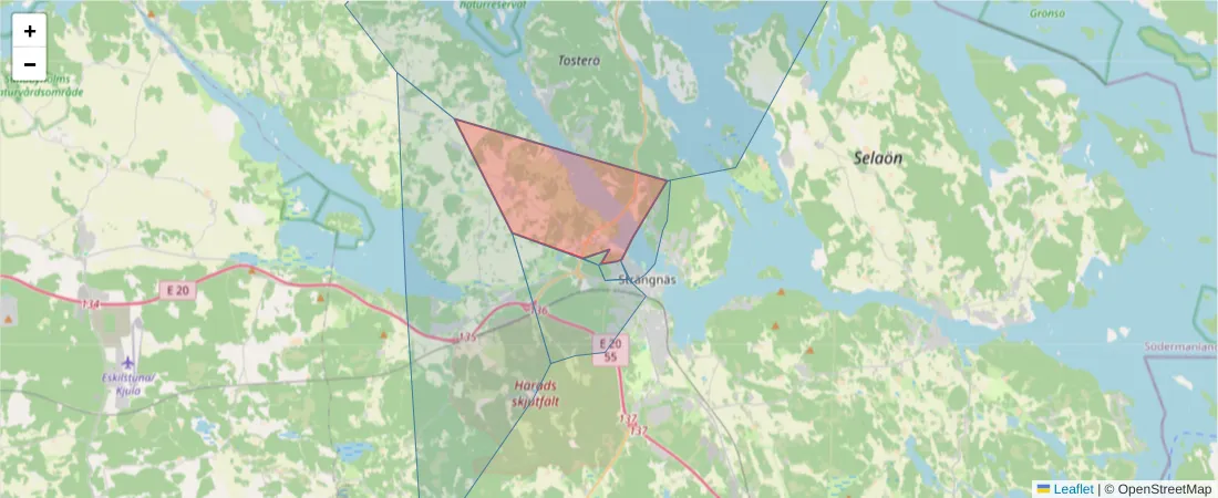 Karta över postnummerområdet  och angränsande postnummer i Sverige