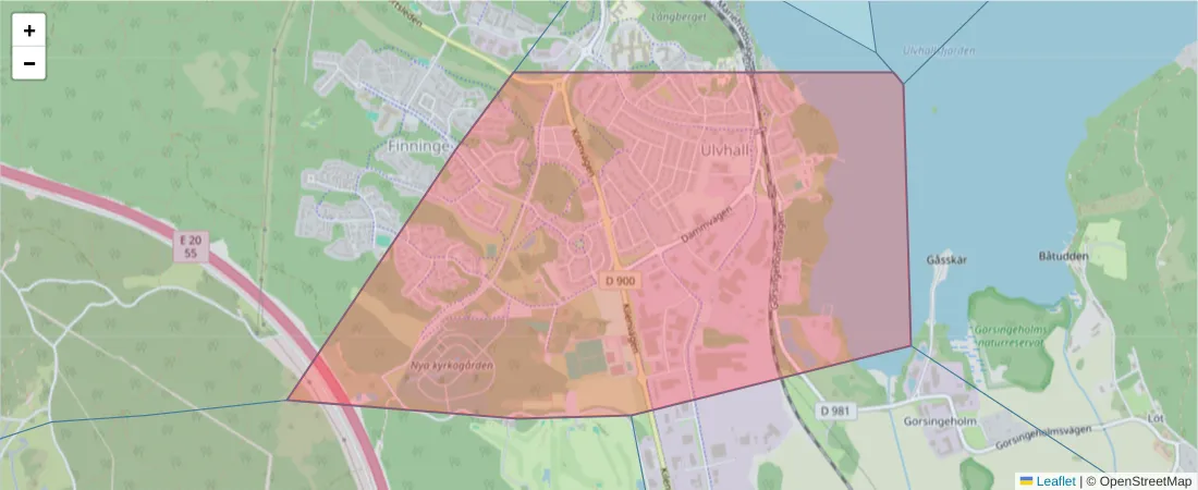 Karta över postnummerområdet  och angränsande postnummer i Sverige