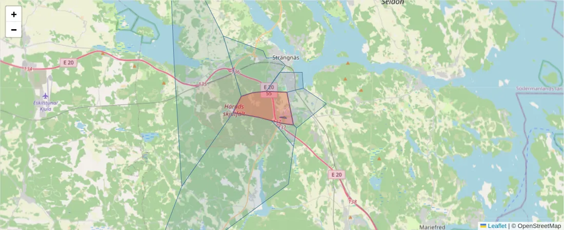 Karta över postnummerområdet  och angränsande postnummer i Sverige
