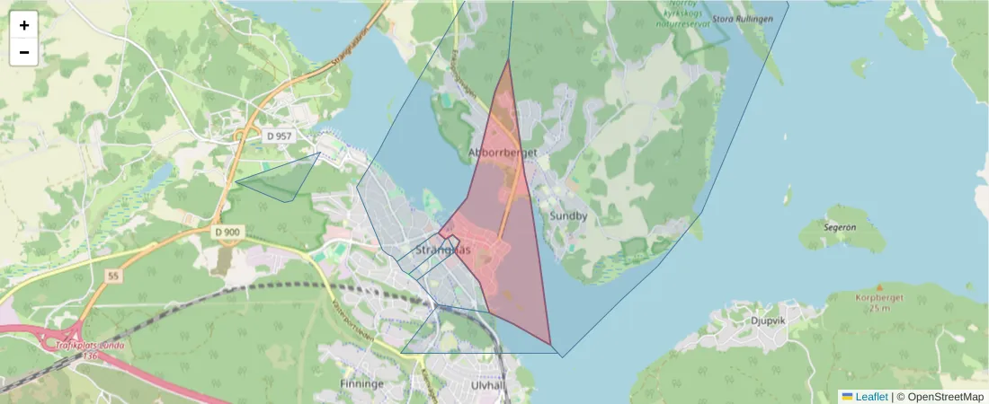 Karta över postnummerområdet  och angränsande postnummer i Sverige