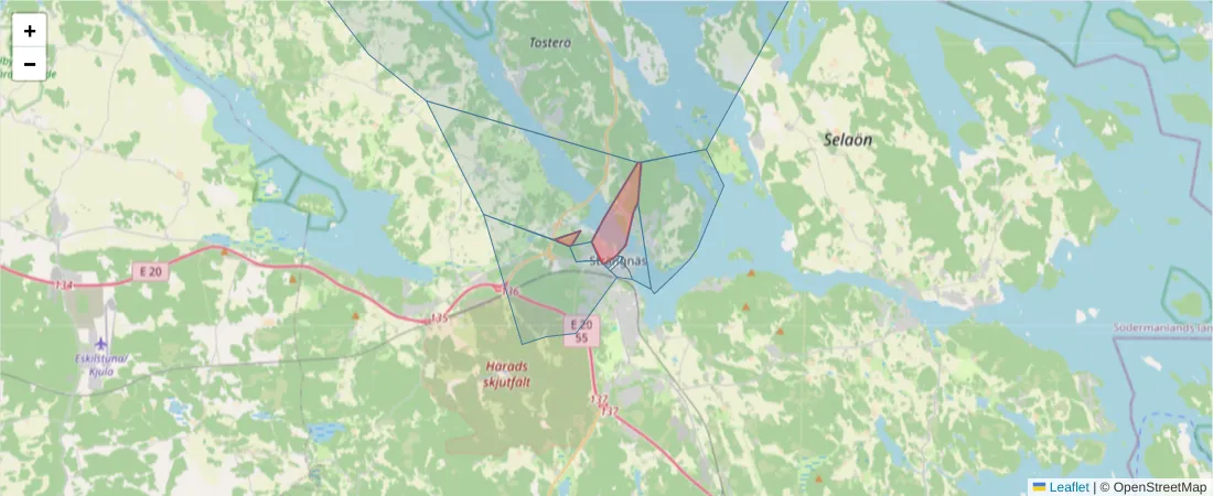 Karta över postnummerområdet  och angränsande postnummer i Sverige