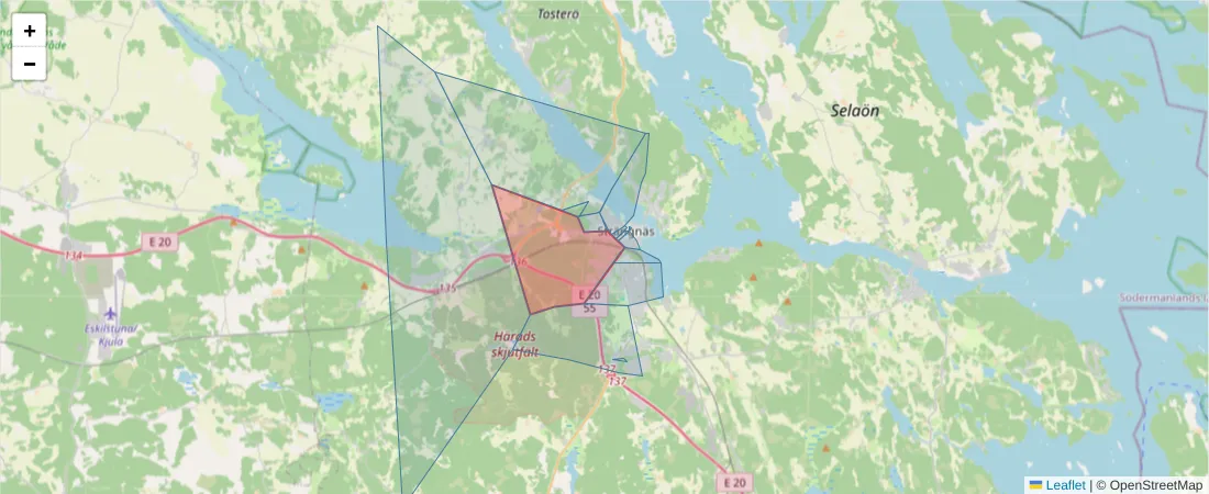 Karta över postnummerområdet  och angränsande postnummer i Sverige