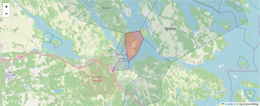 Karta över postnummerområdet  och angränsande postnummer i Sverige