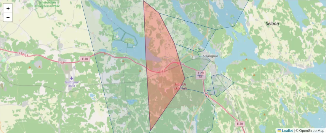Karta över postnummerområdet  och angränsande postnummer i Sverige