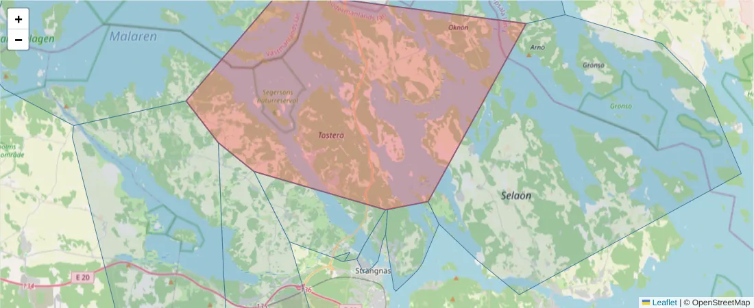 Karta över postnummerområdet  och angränsande postnummer i Sverige