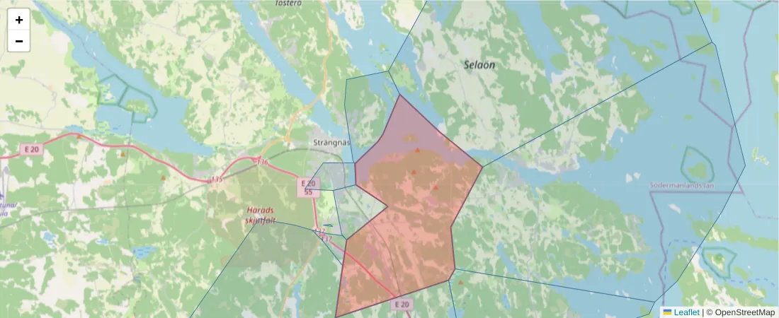 Karta över postnummerområdet  och angränsande postnummer i Sverige
