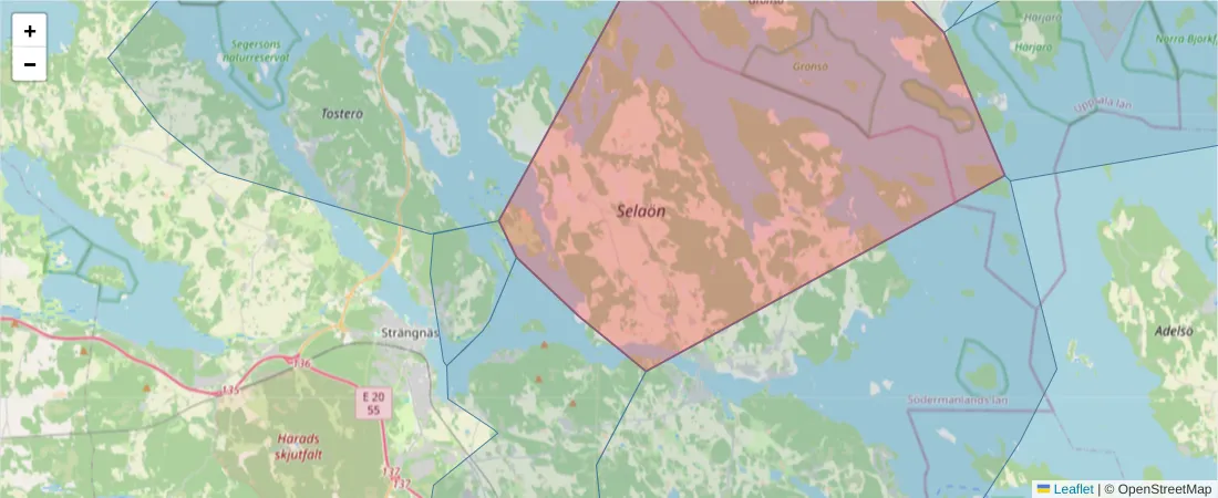 Karta över postnummerområdet  och angränsande postnummer i Sverige
