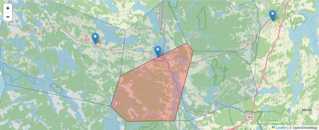 Karta över postnummerområdet  och angränsande postnummer i Sverige