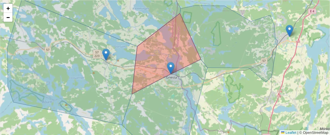 Karta över postnummerområdet  och angränsande postnummer i Sverige
