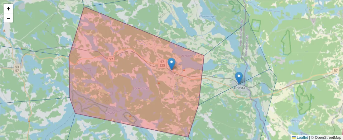 Karta över postnummerområdet  och angränsande postnummer i Sverige