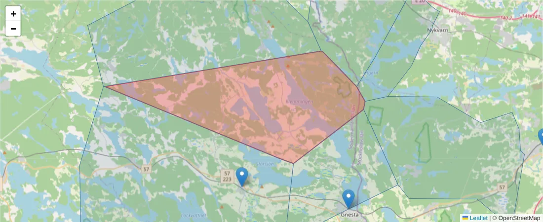 Karta över postnummerområdet  och angränsande postnummer i Sverige