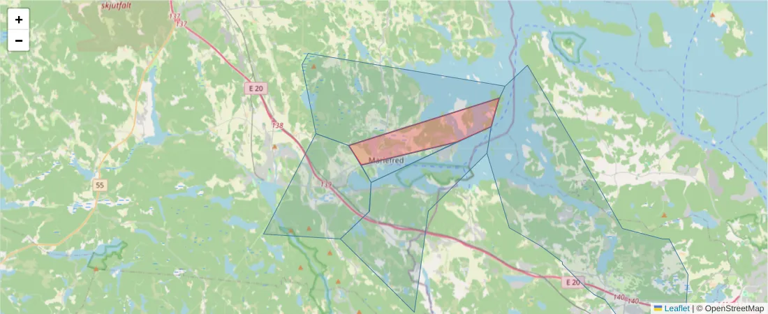 Karta över postnummerområdet  och angränsande postnummer i Sverige