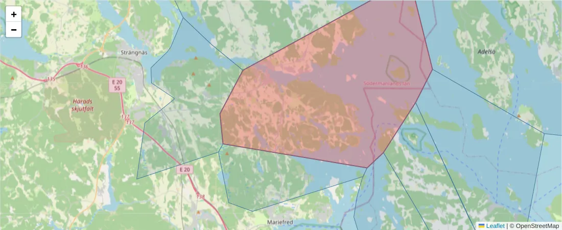 Karta över postnummerområdet  och angränsande postnummer i Sverige