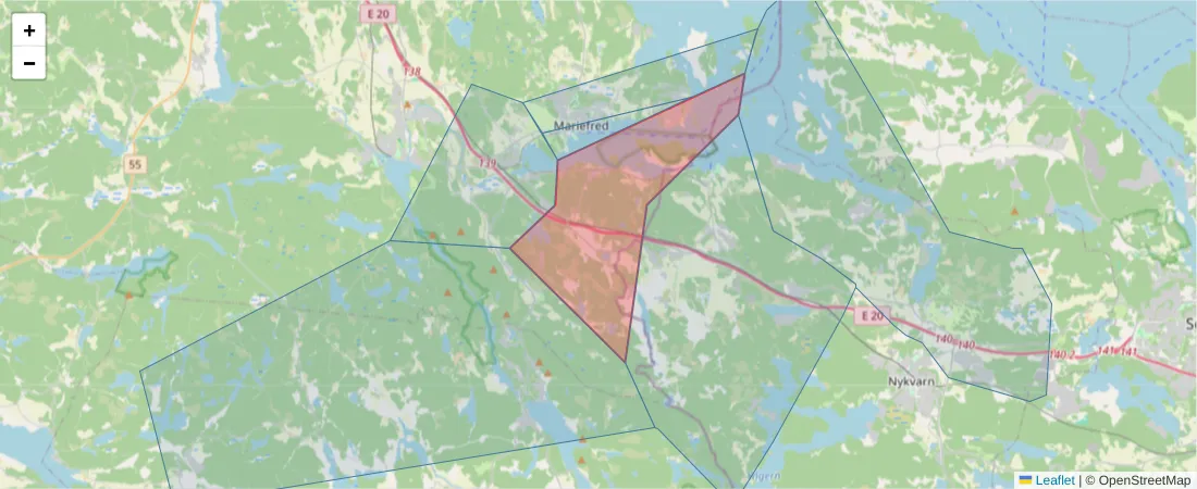 Karta över postnummerområdet  och angränsande postnummer i Sverige