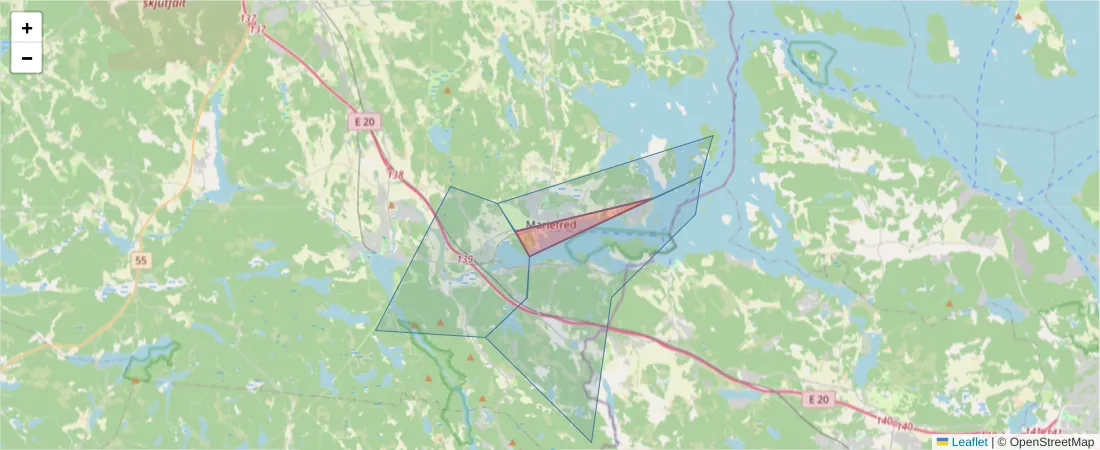 Karta över postnummerområdet  och angränsande postnummer i Sverige