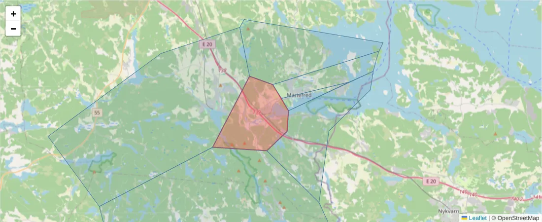 Karta över postnummerområdet  och angränsande postnummer i Sverige