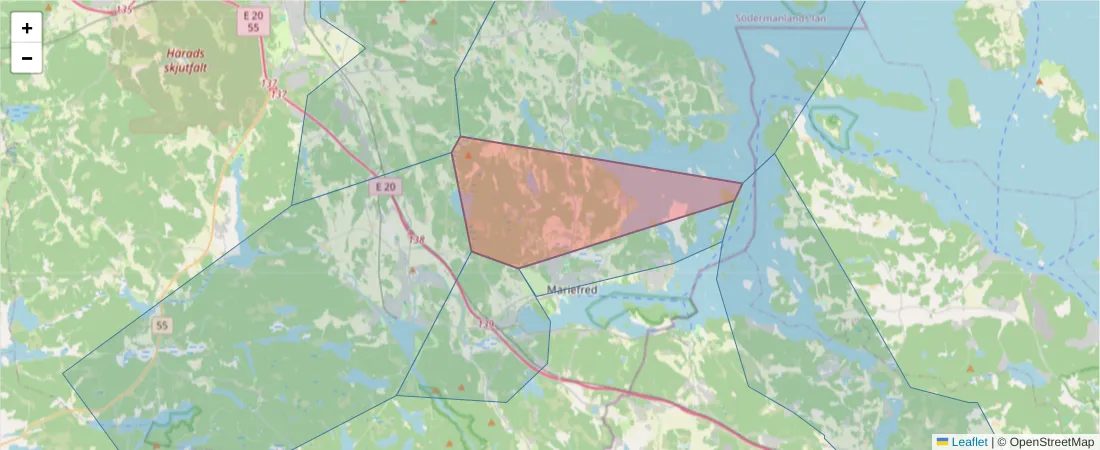 Karta över postnummerområdet  och angränsande postnummer i Sverige