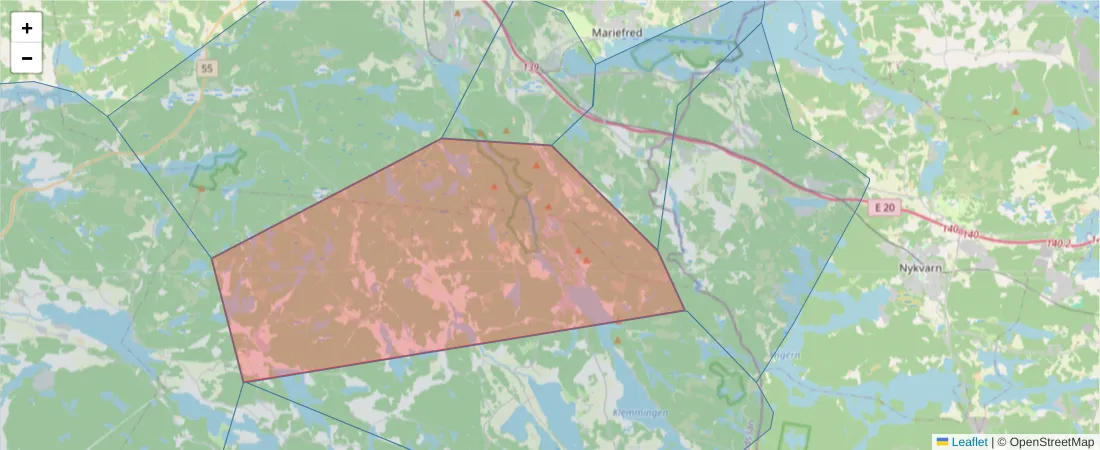 Karta över postnummerområdet  och angränsande postnummer i Sverige