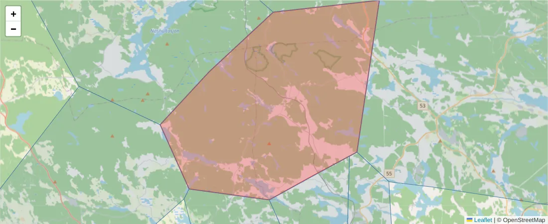 Karta över postnummerområdet  och angränsande postnummer i Sverige