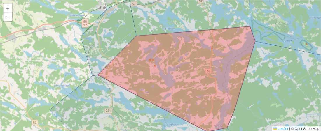 Karta över postnummerområdet  och angränsande postnummer i Sverige