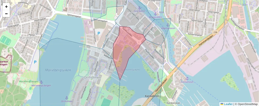 Karta över postnummerområdet  och angränsande postnummer i Sverige