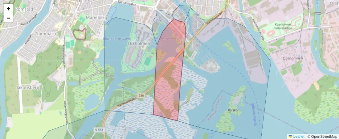 Karta över postnummerområdet  och angränsande postnummer i Sverige