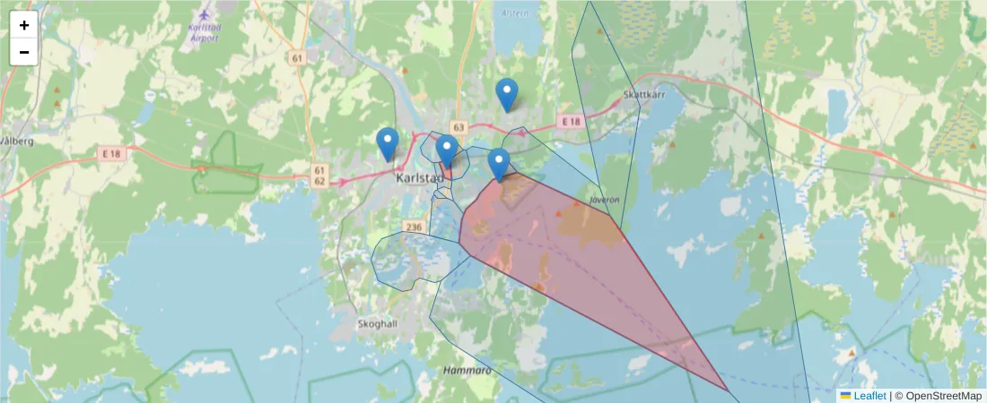 Karta över postnummerområdet  och angränsande postnummer i Sverige