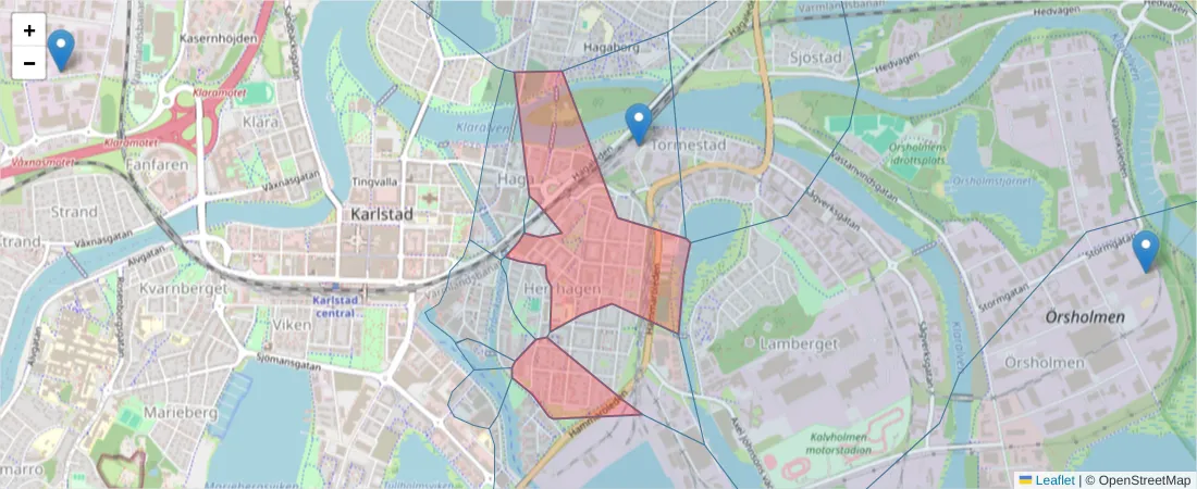 Karta över postnummerområdet  och angränsande postnummer i Sverige