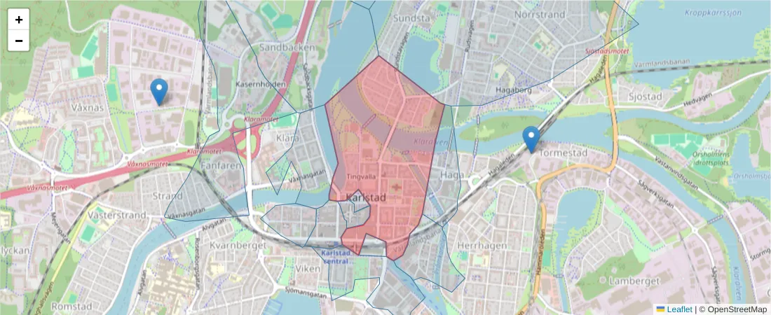 Karta över postnummerområdet  och angränsande postnummer i Sverige