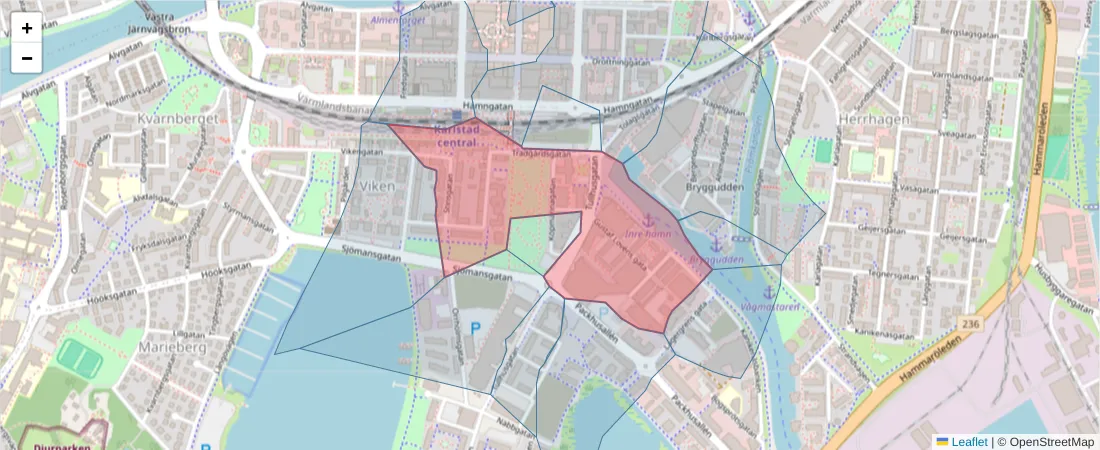 Karta över postnummerområdet  och angränsande postnummer i Sverige