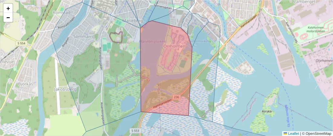 Karta över postnummerområdet  och angränsande postnummer i Sverige