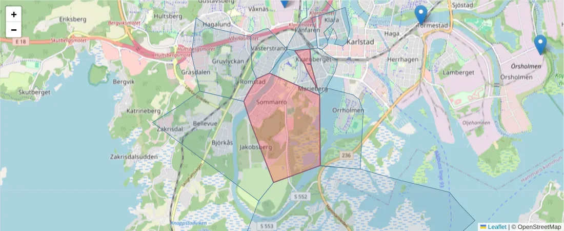 Karta över postnummerområdet  och angränsande postnummer i Sverige
