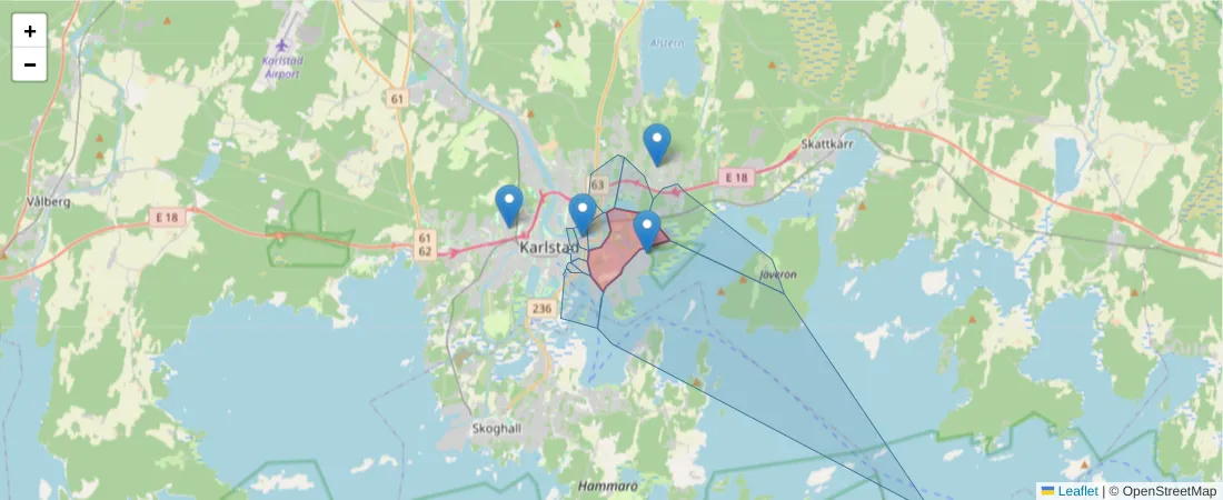 Karta över postnummerområdet  och angränsande postnummer i Sverige