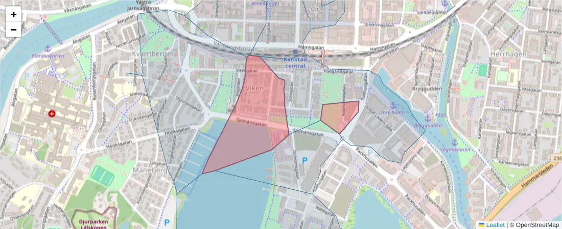 Karta över postnummerområdet  och angränsande postnummer i Sverige