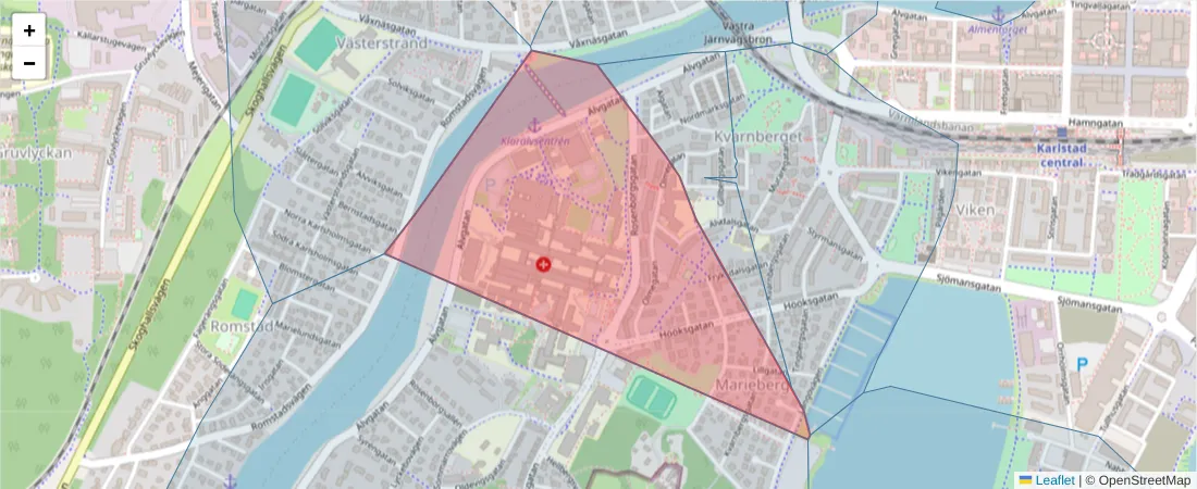 Karta över postnummerområdet  och angränsande postnummer i Sverige