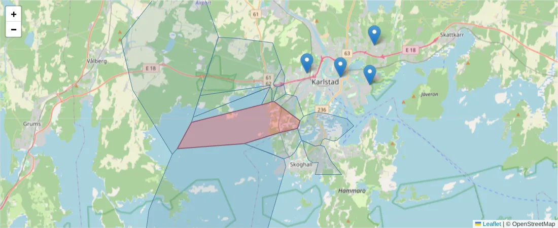 Karta över postnummerområdet  och angränsande postnummer i Sverige