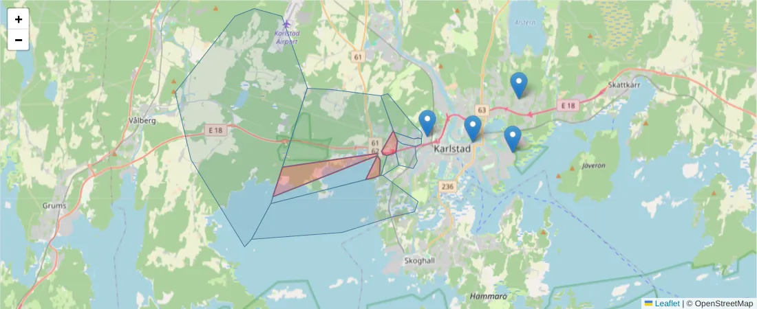 Karta över postnummerområdet  och angränsande postnummer i Sverige