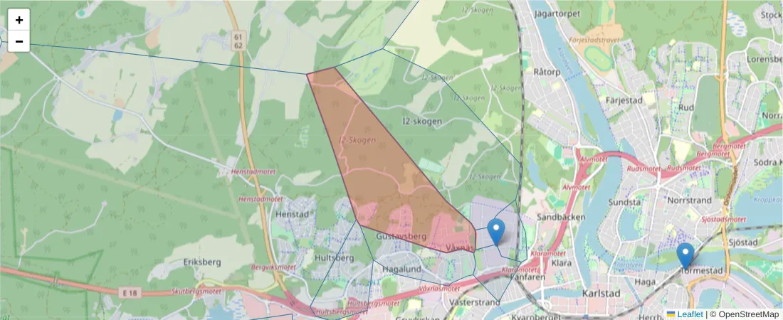 Karta över postnummerområdet  och angränsande postnummer i Sverige