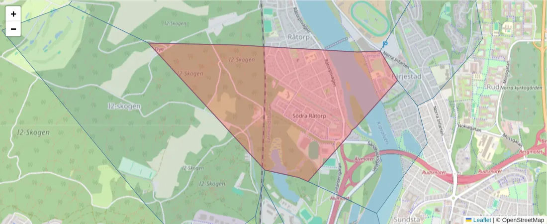 Karta över postnummerområdet  och angränsande postnummer i Sverige