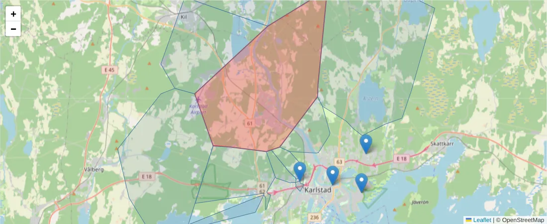 Karta över postnummerområdet  och angränsande postnummer i Sverige